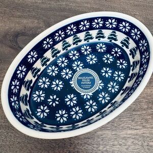 Boleslawiec Polish Pottery Oval Christmas Trees Snowflakes Bowl Dish